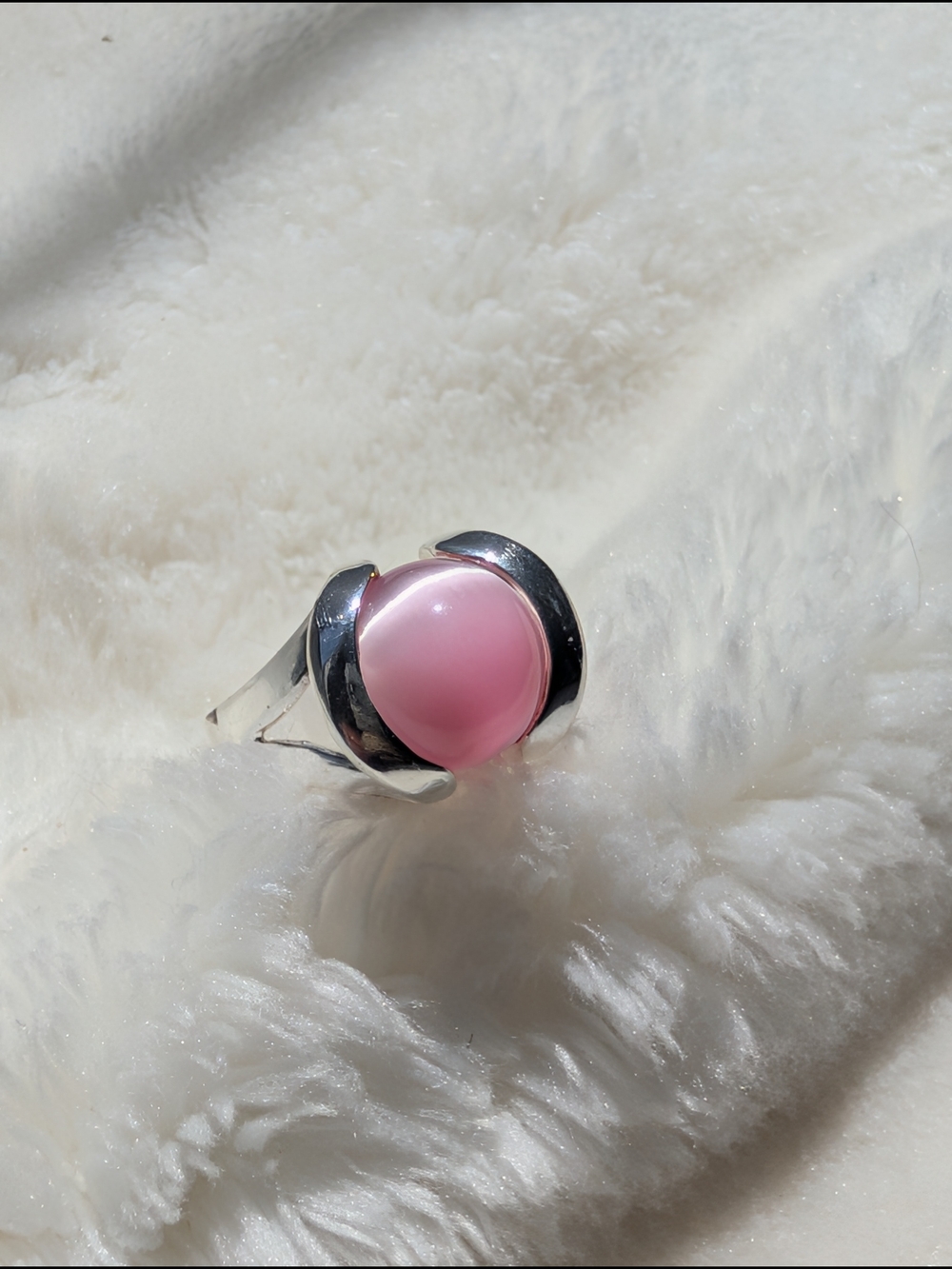 925 Sterling Silver Pink Cat’s Eye Cabochon Statement Ring Size 7.5